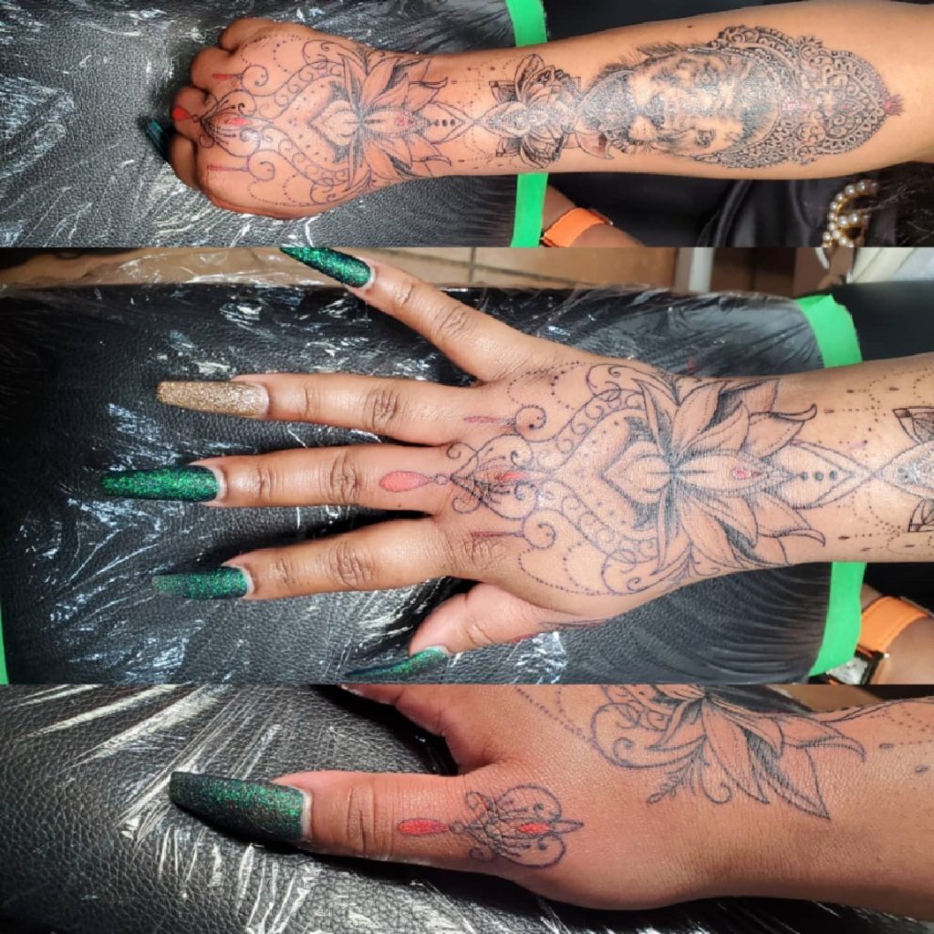 Lion and lace, jewelry hand/arm tattoo