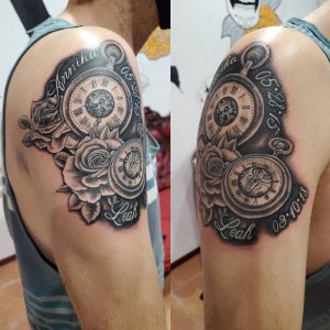 Pocketwatch & roses tattoo